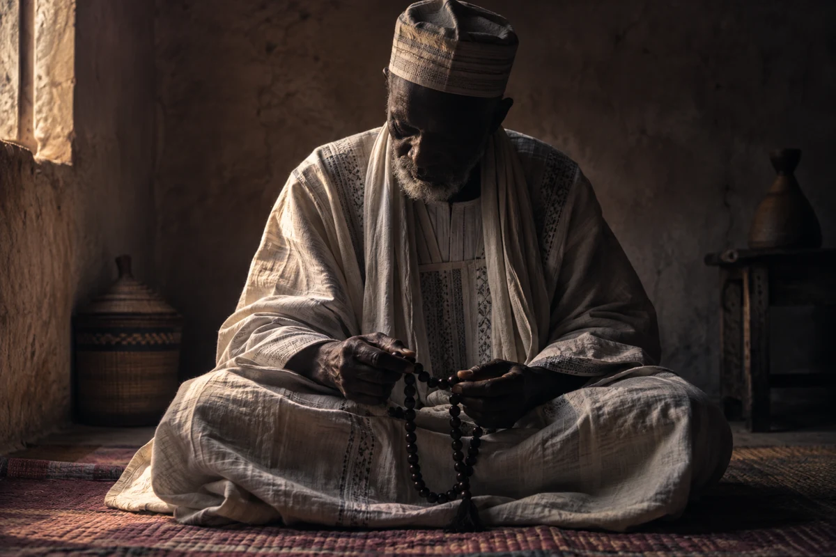 Homme en habit traditionnel, le visage dans la pénombre — illustration, ce n’est pas Maître Mamba